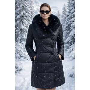 Vintage 90s Quilted Black Coat Genuine Fox Fur Collar Asymmetrical Winter Coat